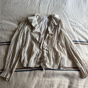 Doen Hardy Top in Cream Pink Monceau Ruffle Button Down Floral Blouse